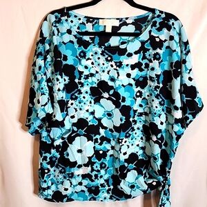 Michael Kors Side Tie Shirt Sz L Blue Floral Top